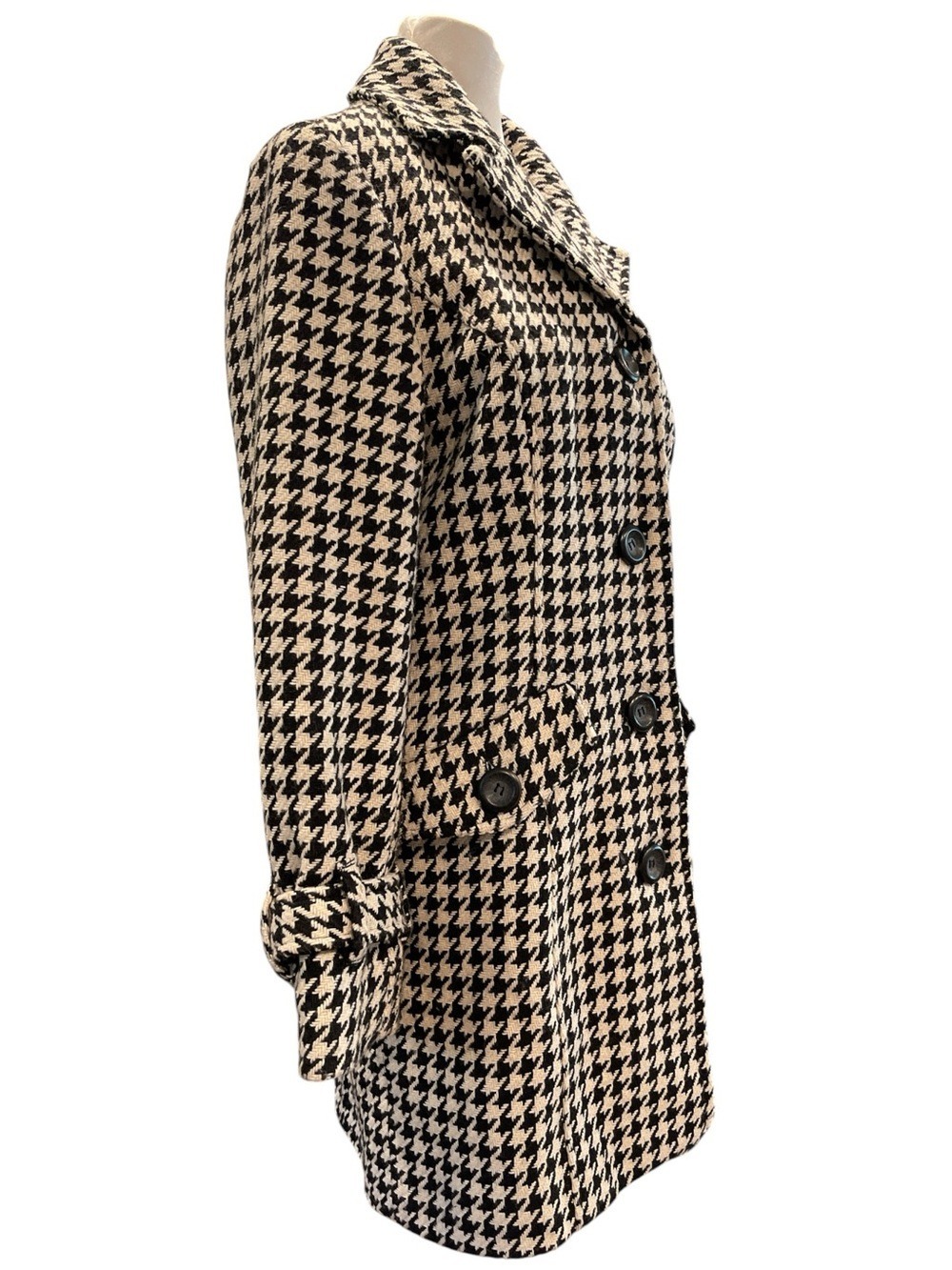 Wool Blend Houndstooth Car Coat Womens Small Black Ivory Classic - Picture 4 of 8